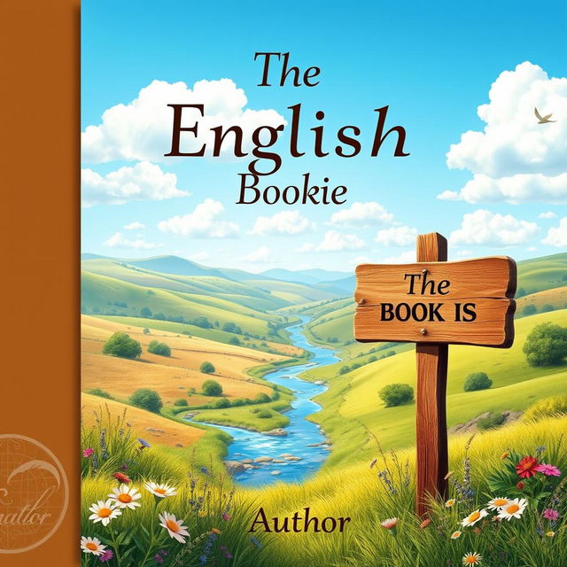 A stunning and whimsical cover design for an English book, featuring a picturesque countryside landscape with rolling hills, blooming wildflowers, and a serene river flowing through the scene