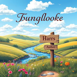 A stunning and whimsical cover design for an English book, featuring a picturesque countryside landscape with rolling hills, blooming wildflowers, and a serene river flowing through the scene