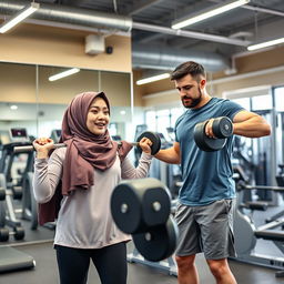 A young Muslim woman wearing a stylish hijab, engaged in an energetic workout session at a modern gym