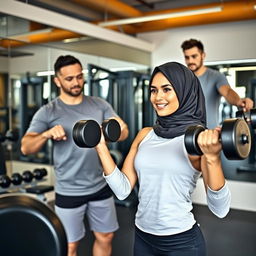 A young Muslim woman wearing a stylish hijab, engaged in an energetic workout session at a modern gym
