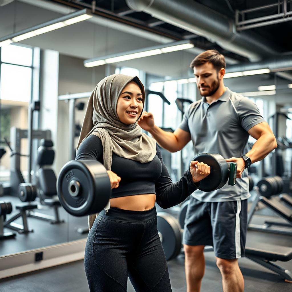 A young Muslim woman wearing a stylish hijab, engaged in an energetic workout session at a modern gym