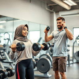 A young Muslim woman wearing a stylish hijab, engaged in an energetic workout session at a modern gym