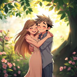Two vivid characters embracing each other intimately, surrounded by a serene and tranquil nature setting with soft glowing light filtering through the leaves