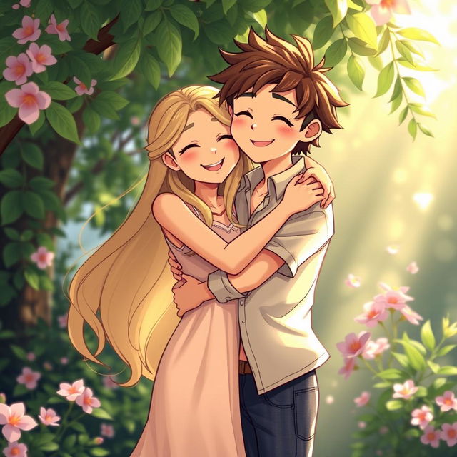 Two vivid characters embracing each other intimately, surrounded by a serene and tranquil nature setting with soft glowing light filtering through the leaves