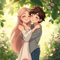 Two vivid characters embracing each other intimately, surrounded by a serene and tranquil nature setting with soft glowing light filtering through the leaves