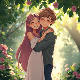 Two vivid characters embracing each other intimately, surrounded by a serene and tranquil nature setting with soft glowing light filtering through the leaves