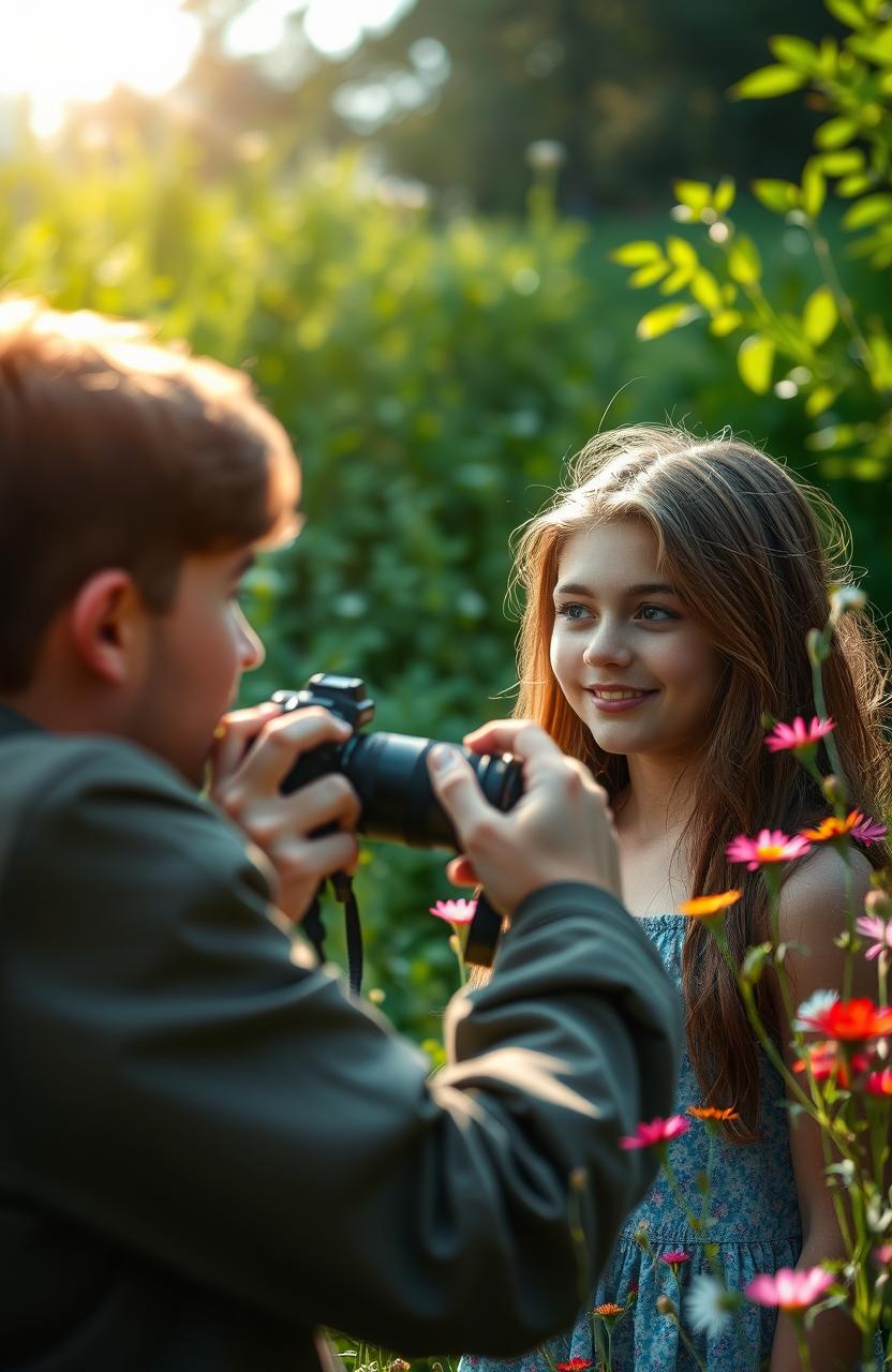A serene nature scene capturing the essence of introspection and emotion, featuring a young man holding a camera, deeply focused on a girl he has just photographed