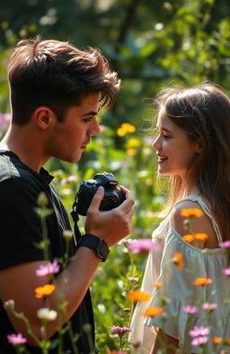 A serene nature scene capturing the essence of introspection and emotion, featuring a young man holding a camera, deeply focused on a girl he has just photographed
