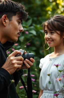 A serene nature scene capturing the essence of introspection and emotion, featuring a young man holding a camera, deeply focused on a girl he has just photographed