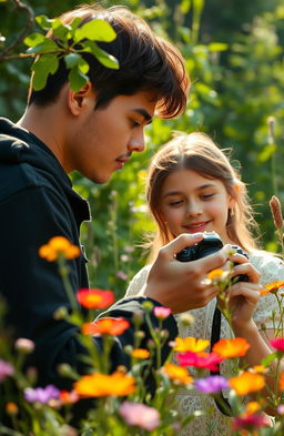 A serene nature scene capturing the essence of introspection and emotion, featuring a young man holding a camera, deeply focused on a girl he has just photographed