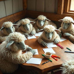 A whimsical scene featuring several fluffy sheep sitting comfortably at a wooden table