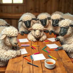 A whimsical scene featuring several fluffy sheep sitting comfortably at a wooden table