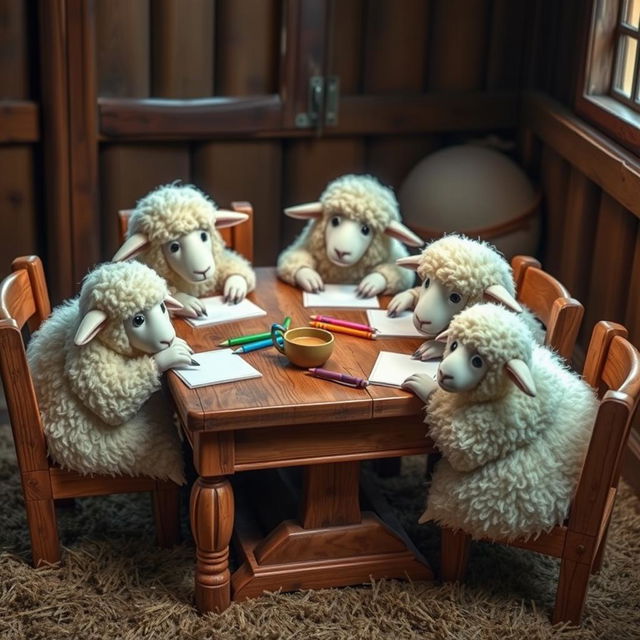 A whimsical scene featuring several fluffy sheep sitting comfortably at a wooden table