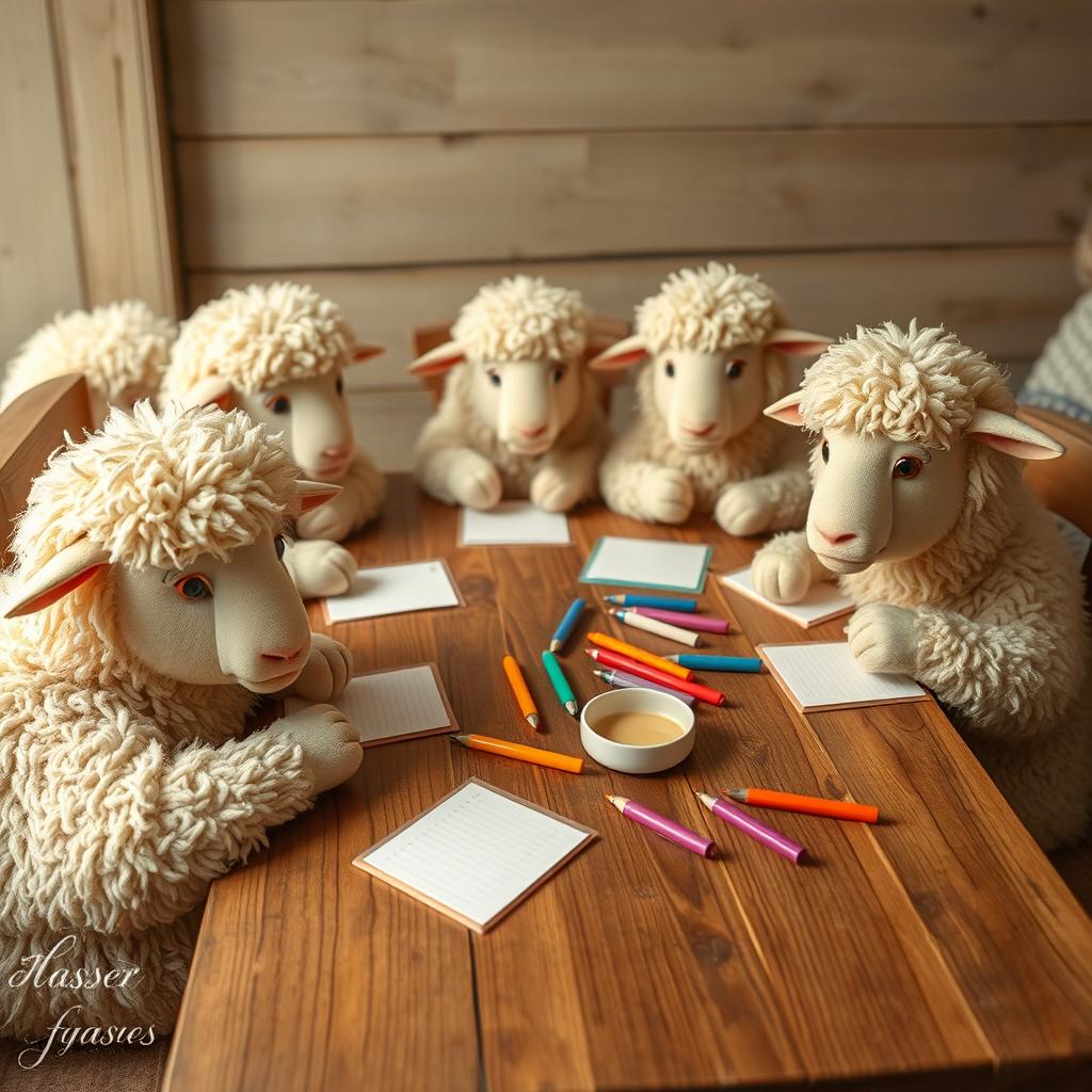 A whimsical scene featuring several fluffy sheep sitting comfortably at a wooden table