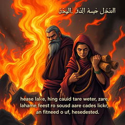 A dynamic and dramatic illustration of the verse from the Quran Surah Al-Masad