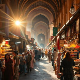 A vibrant and dynamic scene of a bustling marketplace in a traditional Middle Eastern city, filled with colorful textiles, spices, and lively vendors