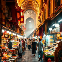 A vibrant and dynamic scene of a bustling marketplace in a traditional Middle Eastern city, filled with colorful textiles, spices, and lively vendors