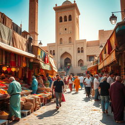 A vibrant and dynamic scene of a bustling marketplace in a traditional Middle Eastern city, filled with colorful textiles, spices, and lively vendors