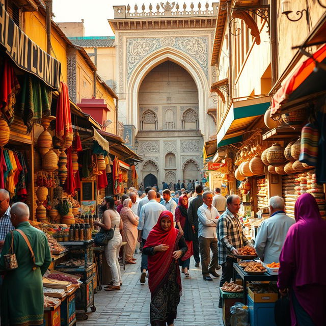 A vibrant and dynamic scene of a bustling marketplace in a traditional Middle Eastern city, filled with colorful textiles, spices, and lively vendors