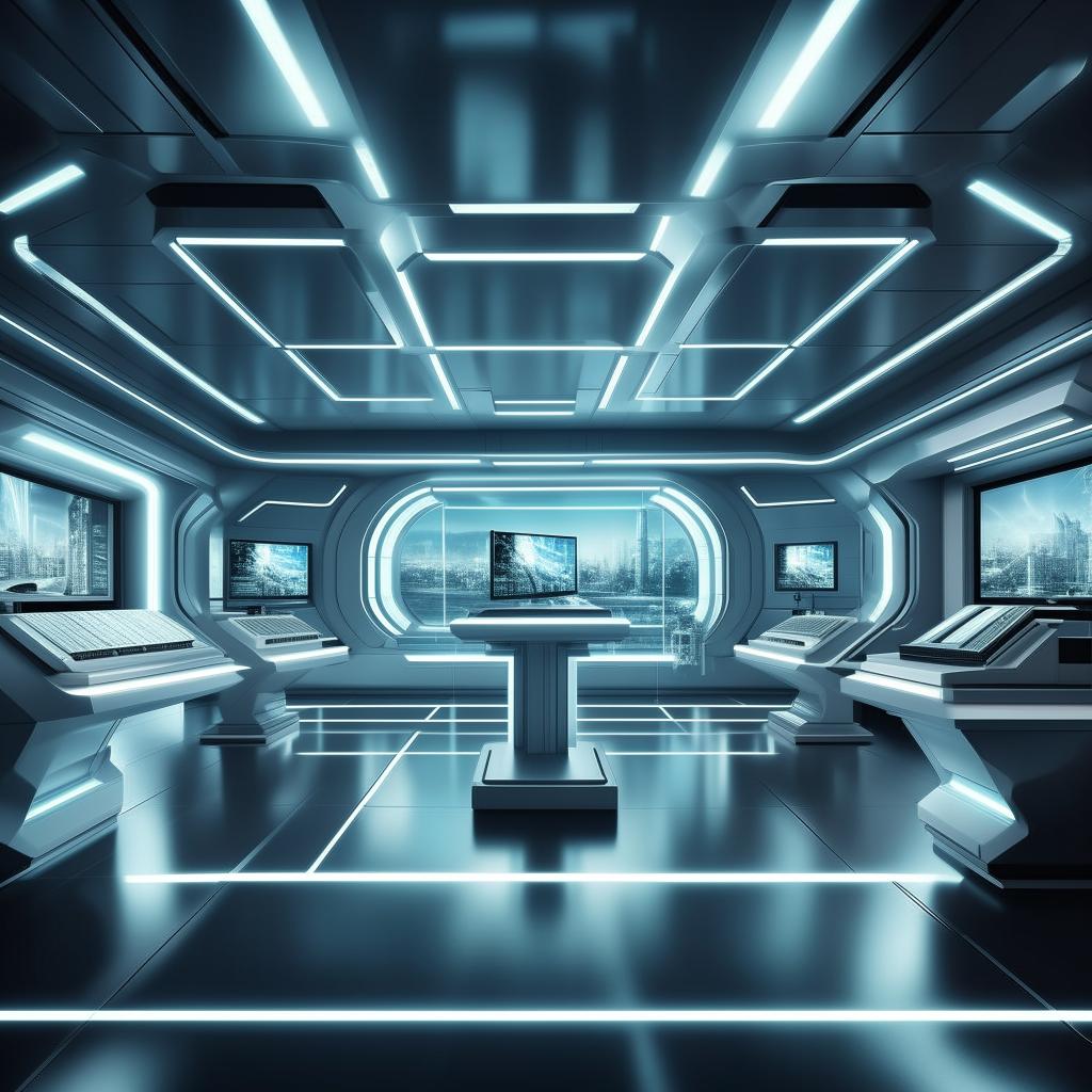 A rectangular background for a futuristic TV anchor's studio, using design elements derived from the architecture shown in the provided link.