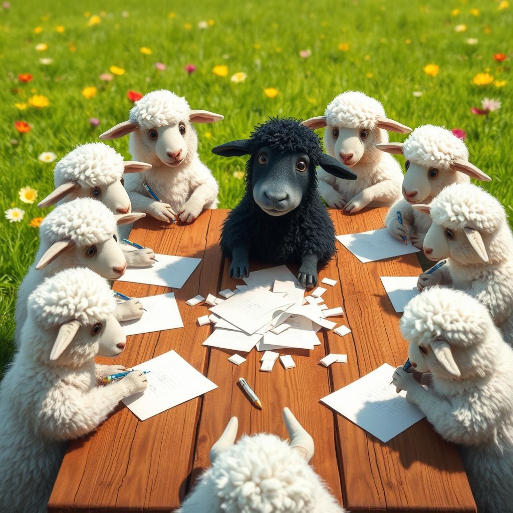 A whimsical scene depicting a group of fluffy white sheep sitting around a wooden table, each holding a pen and writing on a paper poll