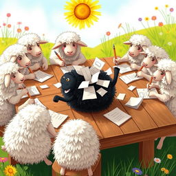 A whimsical scene depicting a group of fluffy white sheep sitting around a wooden table, each holding a pen and writing on a paper poll