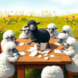 A whimsical scene depicting a group of fluffy white sheep sitting around a wooden table, each holding a pen and writing on a paper poll