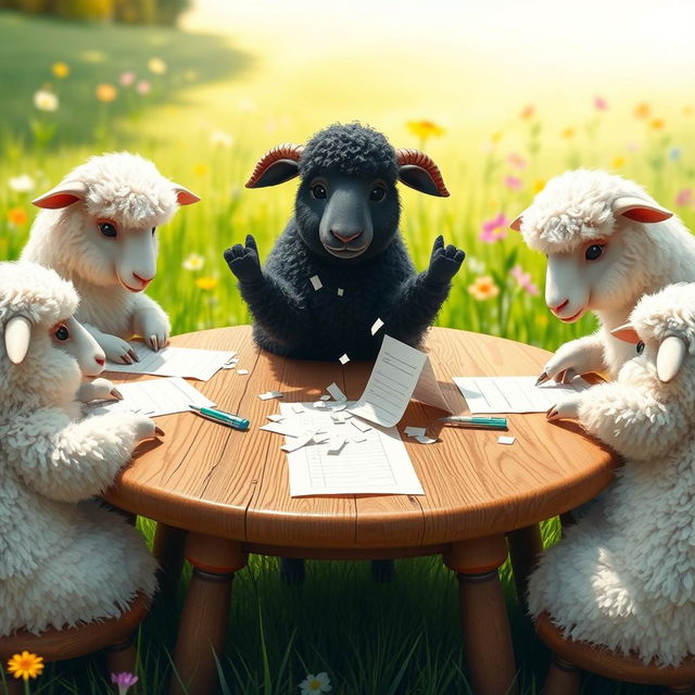 A whimsical scene depicting a group of fluffy white sheep sitting around a wooden table, each holding a pen and writing on a paper poll