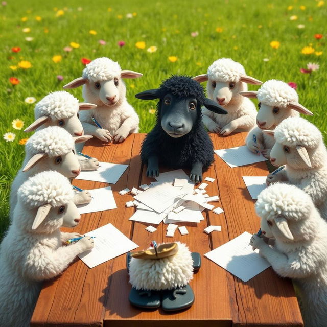 A whimsical scene depicting a group of cartoonish, fluffy white sheep gathered around a large wooden table in a vibrant green meadow filled with colorful flowers