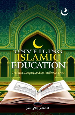 A visually striking book cover design titled 'Unveiling Islamic Education: Tradition, Dogma, and the Intellectual Crisis'