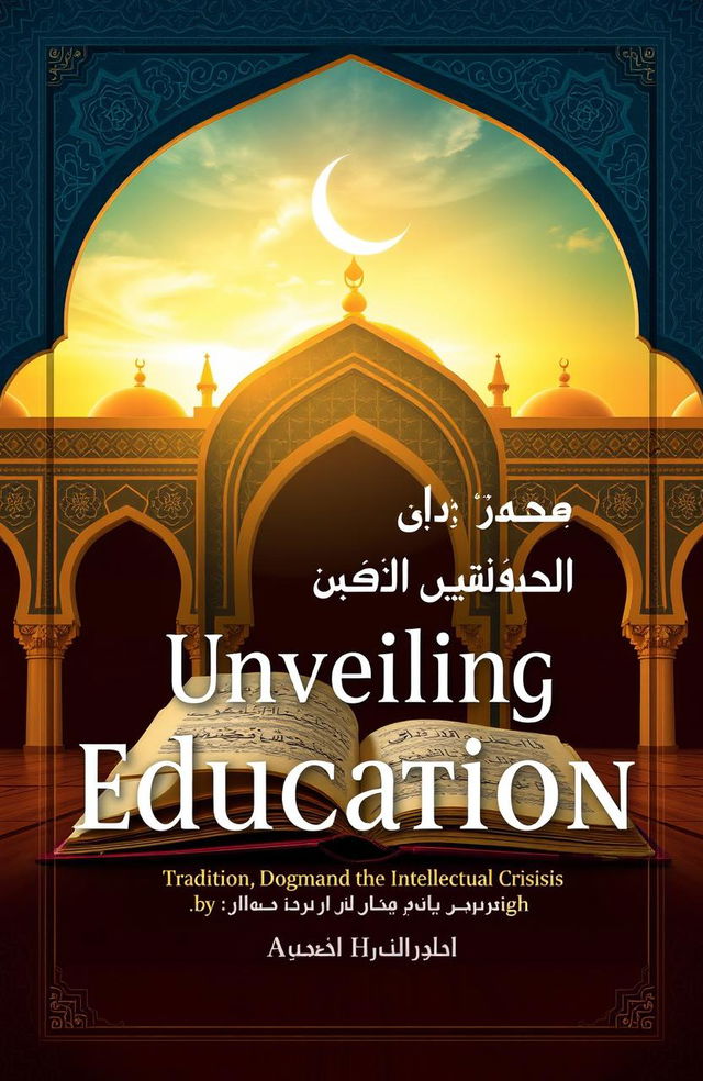 A visually striking book cover design titled 'Unveiling Islamic Education: Tradition, Dogma, and the Intellectual Crisis'