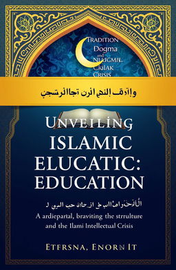 A visually striking book cover design titled 'Unveiling Islamic Education: Tradition, Dogma, and the Intellectual Crisis'