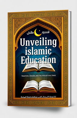 A visually striking book cover design titled 'Unveiling Islamic Education: Tradition, Dogma, and the Intellectual Crisis'