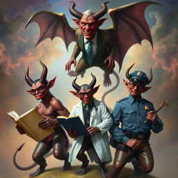 A fantastical scene featuring three distinct devil figures, each embodying a different theme: one devil symbolizes education, holding a book and wearing glasses, another represents healthcare, dressed as a doctor with a stethoscope and medical symbols, and the third represents police, adorned in a police uniform with a badge
