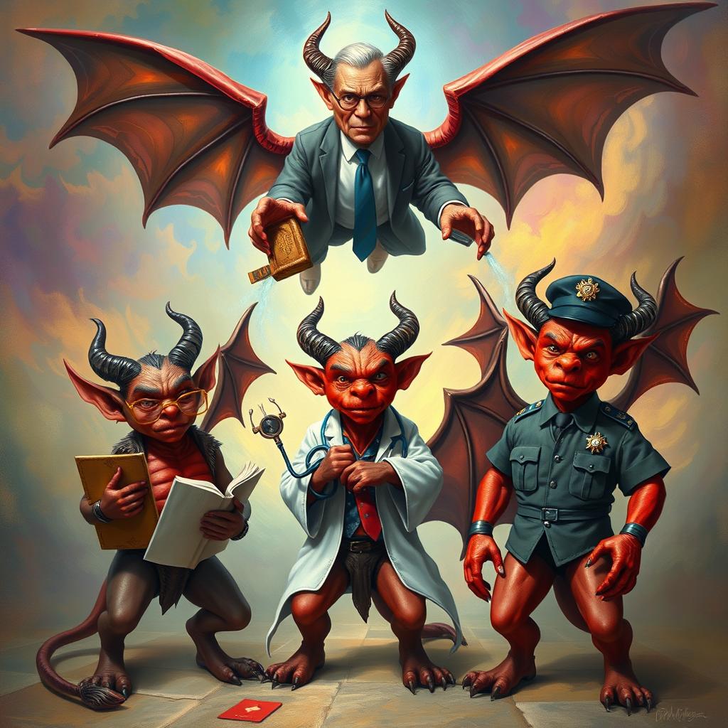 A fantastical scene featuring three distinct devil figures, each embodying a different theme: one devil symbolizes education, holding a book and wearing glasses, another represents healthcare, dressed as a doctor with a stethoscope and medical symbols, and the third represents police, adorned in a police uniform with a badge