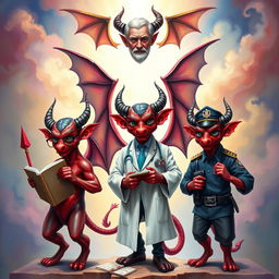 A fantastical scene featuring three distinct devil figures, each embodying a different theme: one devil symbolizes education, holding a book and wearing glasses, another represents healthcare, dressed as a doctor with a stethoscope and medical symbols, and the third represents police, adorned in a police uniform with a badge