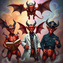 A fantastical scene featuring three distinct devil figures, each embodying a different theme: one devil symbolizes education, holding a book and wearing glasses, another represents healthcare, dressed as a doctor with a stethoscope and medical symbols, and the third represents police, adorned in a police uniform with a badge