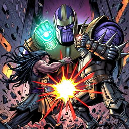 A dynamic, action-packed scene depicting Shawkan engaged in an intense battle with the Shredder