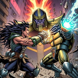 A dynamic, action-packed scene depicting Shawkan engaged in an intense battle with the Shredder