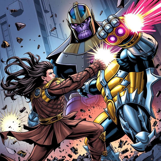 A dynamic, action-packed scene depicting Shawkan engaged in an intense battle with the Shredder