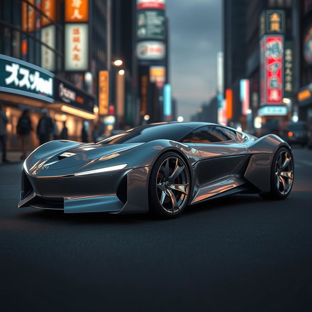 A futuristic car design showcasing sleek lines and an aerodynamic shape, parked in an urban environment at dusk with glowing city lights reflecting off the body