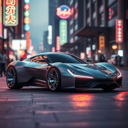A futuristic car design showcasing sleek lines and an aerodynamic shape, parked in an urban environment at dusk with glowing city lights reflecting off the body
