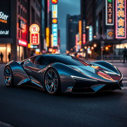 A futuristic car design showcasing sleek lines and an aerodynamic shape, parked in an urban environment at dusk with glowing city lights reflecting off the body