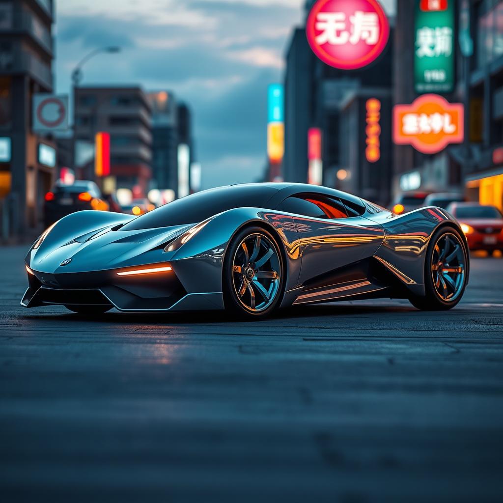 A futuristic car design showcasing sleek lines and an aerodynamic shape, parked in an urban environment at dusk with glowing city lights reflecting off the body