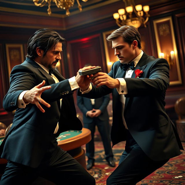 An intense and visually striking scene featuring John Wick engaged in a fierce fight with Tom Cruise, who is portraying a suave and action-ready James Bond