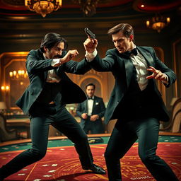 An intense and visually striking scene featuring John Wick engaged in a fierce fight with Tom Cruise, who is portraying a suave and action-ready James Bond