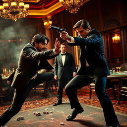 An intense and visually striking scene featuring John Wick engaged in a fierce fight with Tom Cruise, who is portraying a suave and action-ready James Bond