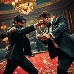 An intense and visually striking scene featuring John Wick engaged in a fierce fight with Tom Cruise, who is portraying a suave and action-ready James Bond