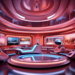 A voice-inspired background for a futuristic TV anchor's studio, integrating design elements from the architecture provided in the given link.