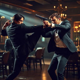 A thrilling and cinematic scene featuring John Wick in a fierce hand-to-hand combat with Tom Cruise, who is portraying a refined and agile James Bond